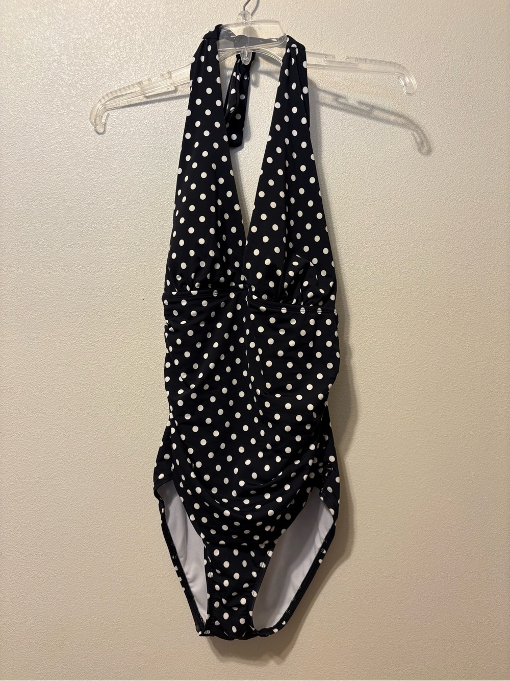 Chaps Black and White Polka Dot Halter Swimsuit